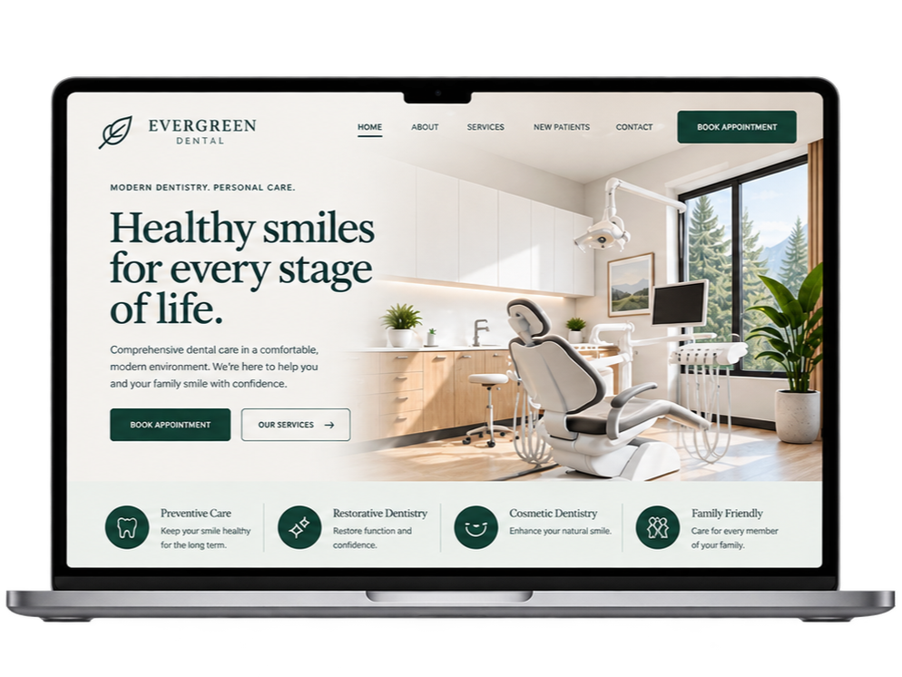 A laptop displaying a dental clinic website with an image of a modern dental office, dental chair, monitor, window, plants, and navigation menu.