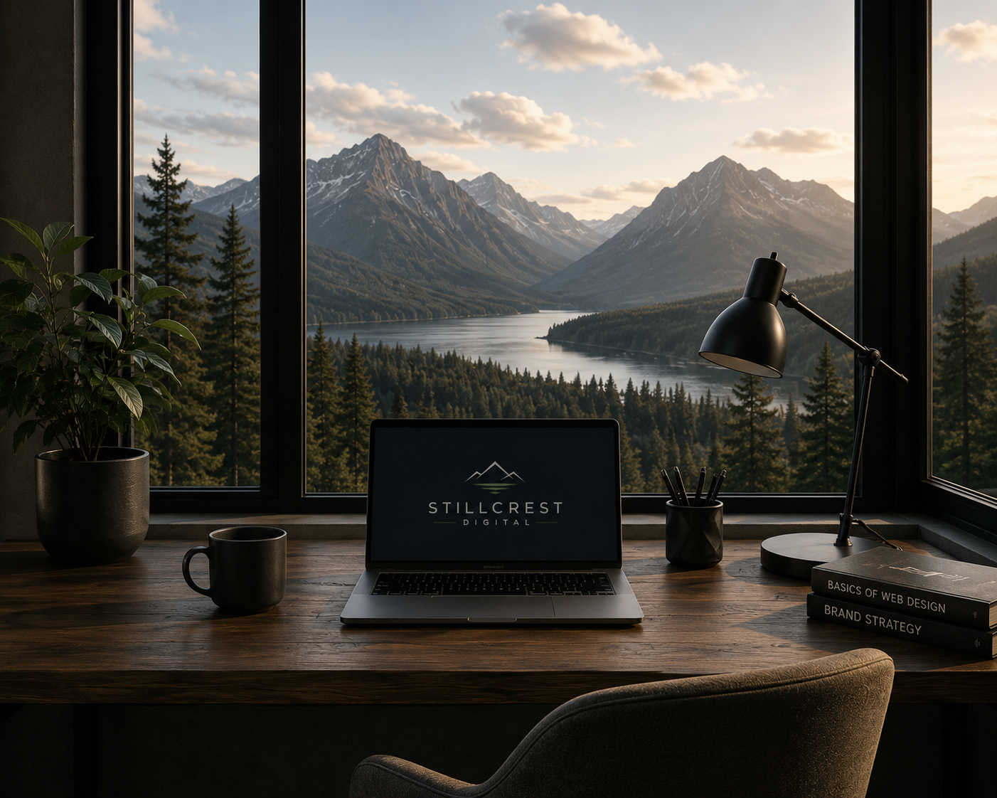 A modern workspace with a laptop on a wooden desk, a potted plant, coffee mug, desk lamp, and books, set against a large window showing a mountain lake landscape at sunset.