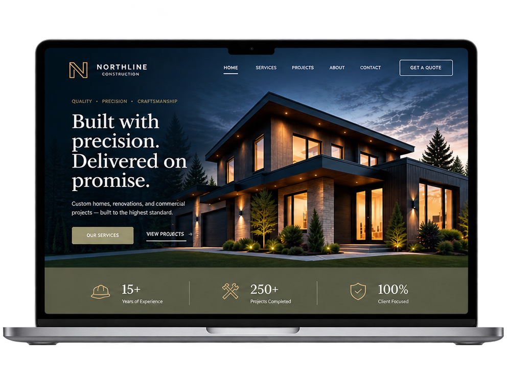 Laptop displaying a construction company's website with a modern house at dusk, featuring tagline 'Built with precision. Delivered on promise.' and sections highlighting experience, projects, and client focus.
