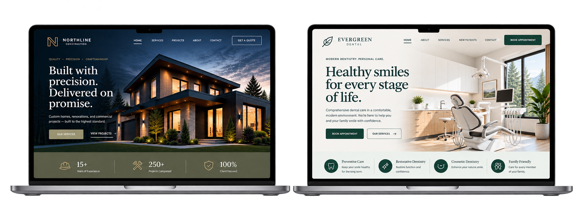 Two laptops side by side. The left laptop displays a construction company's website with a modern house at sunset and the tagline "Built with precision. Delivered on promise." The right laptop shows a dental clinic's website, featuring a clean dental office interior with dental chair and equipment, and the phrase "Healthy smiles for every stage of life."
