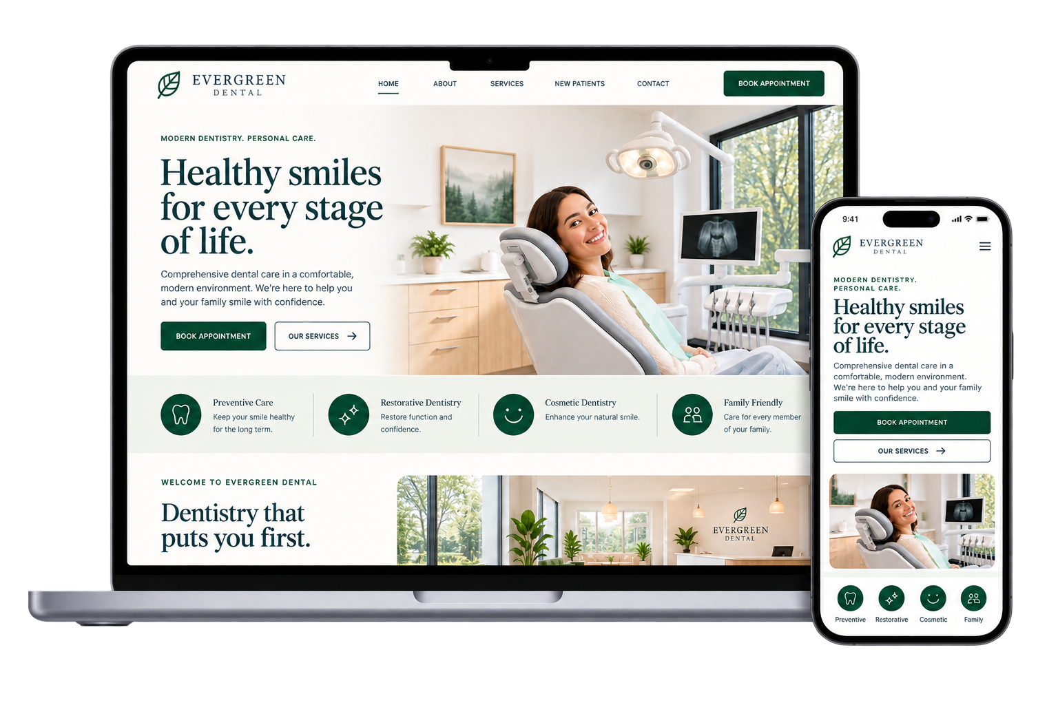 A laptop and a smartphone displaying the homepage of Evergreen Dental's website. The site features a smiling woman in dental chair, with green-themed design elements, offering dental services like preventive, restorative, cosmetic, and family dentistry.