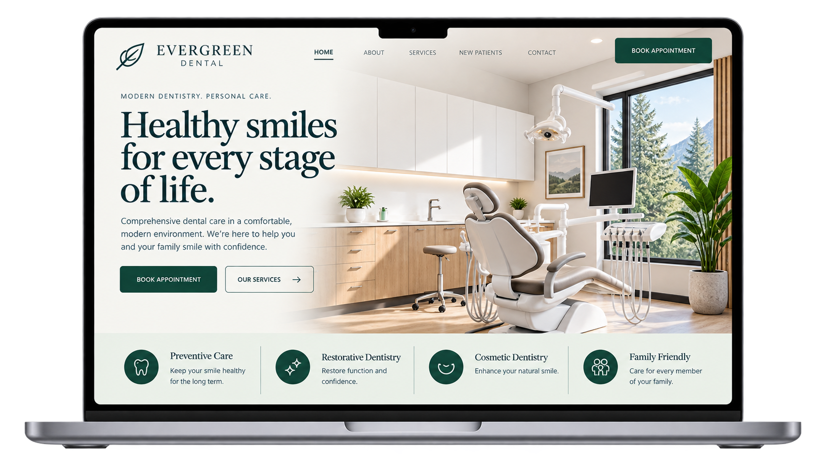 Homepage of Evergreen Dental with a modern dental clinic, dental chair, window view of trees, and greenery, with text promoting dental care services.