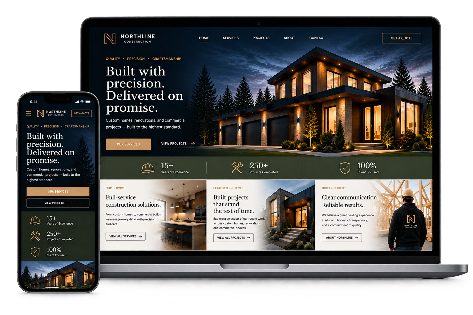 Homepage of Northline Construction website displayed on a smartphone and laptop, featuring a modern house with warm lighting, navigation menu, call-to-action buttons, and project highlights.
