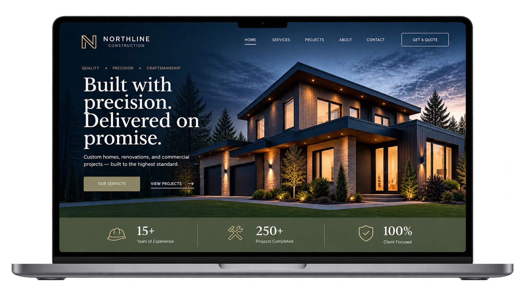 Homepage of Northline Construction website showing a modern house exterior during dusk, with large glass windows and landscaped yard, featuring navigation menu, service info, and contact buttons.