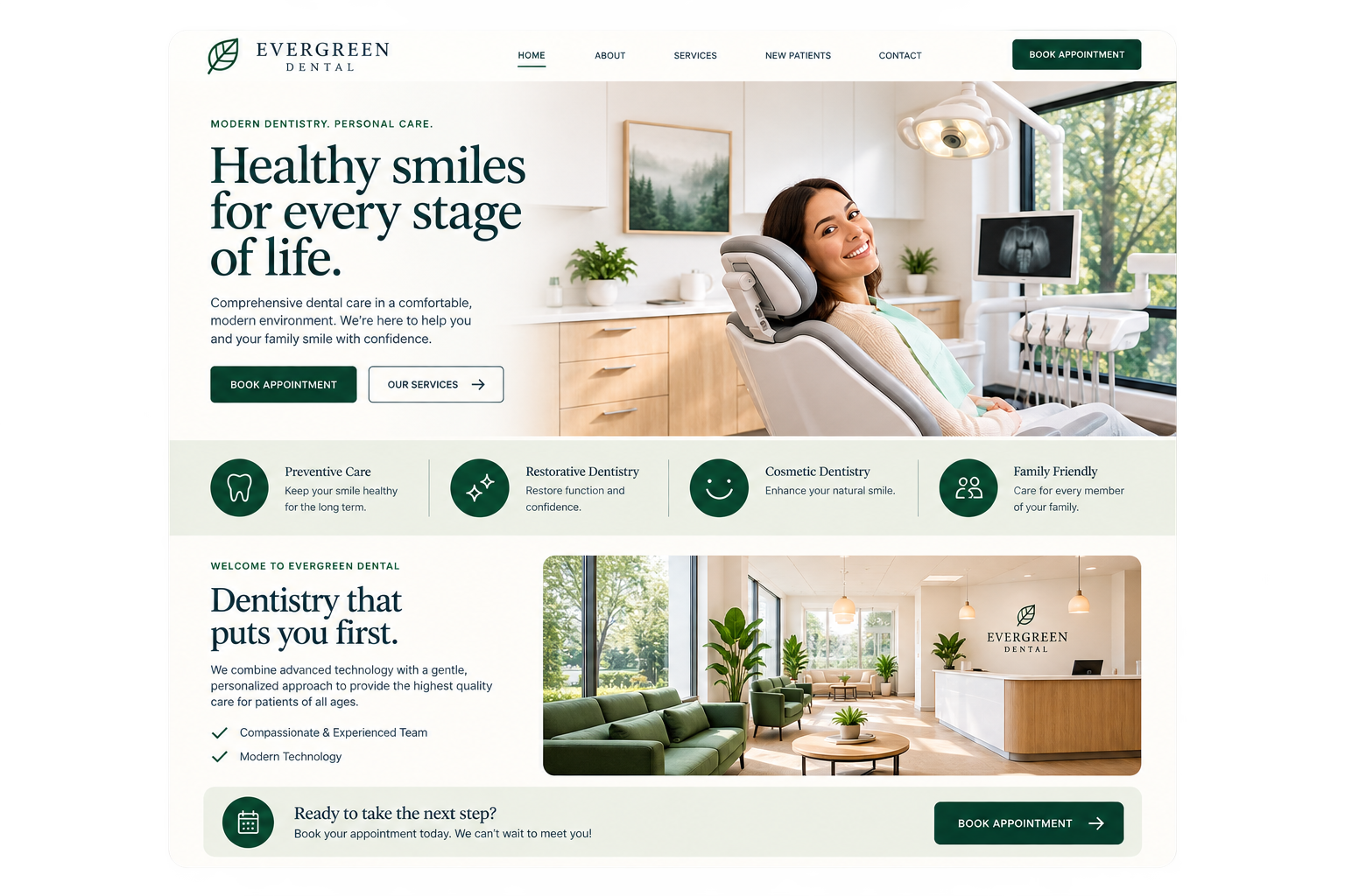 Website homepage for Evergreen Dental featuring a woman smiling in a dental chair, with text promoting general dentistry services and modern dental care environment.