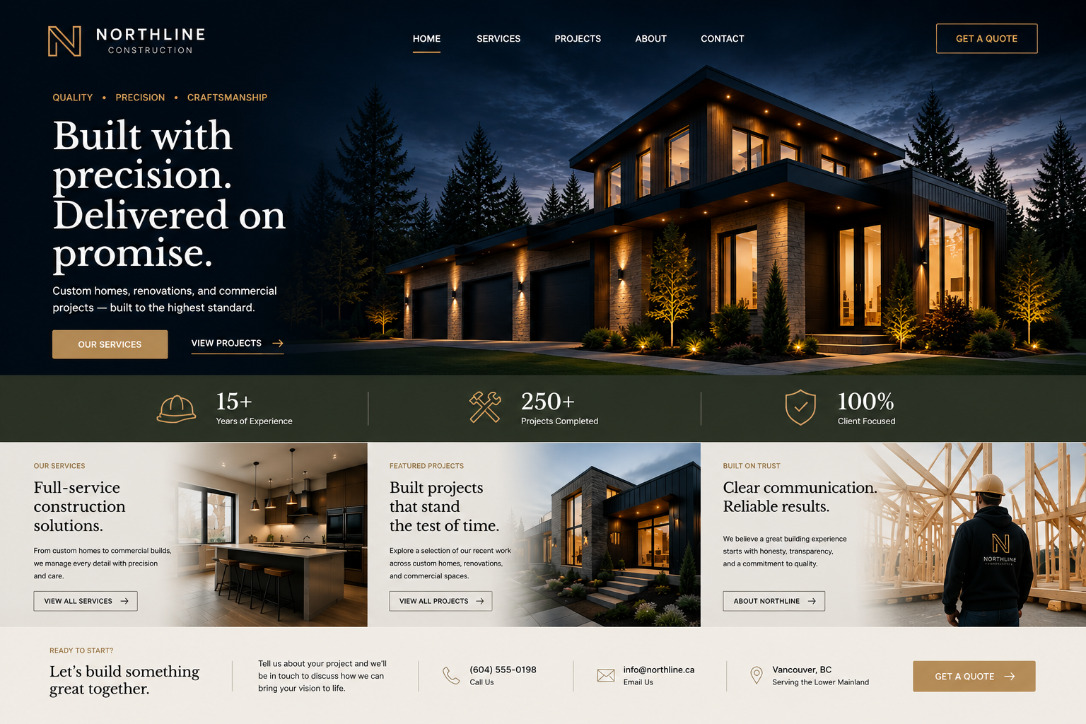 Homepage of a construction company's website featuring a modern house with exterior lighting at dusk, showcasing architectural design.