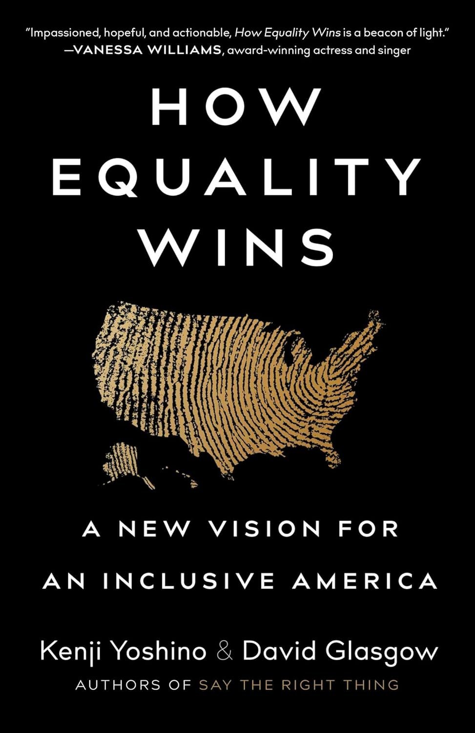 Book cover for "How Equality Wins: A New Vision for an Inclusive America" by Kenji Yoshino and David Glasgow, featuring a gold fingerprint of the United States on a black background.