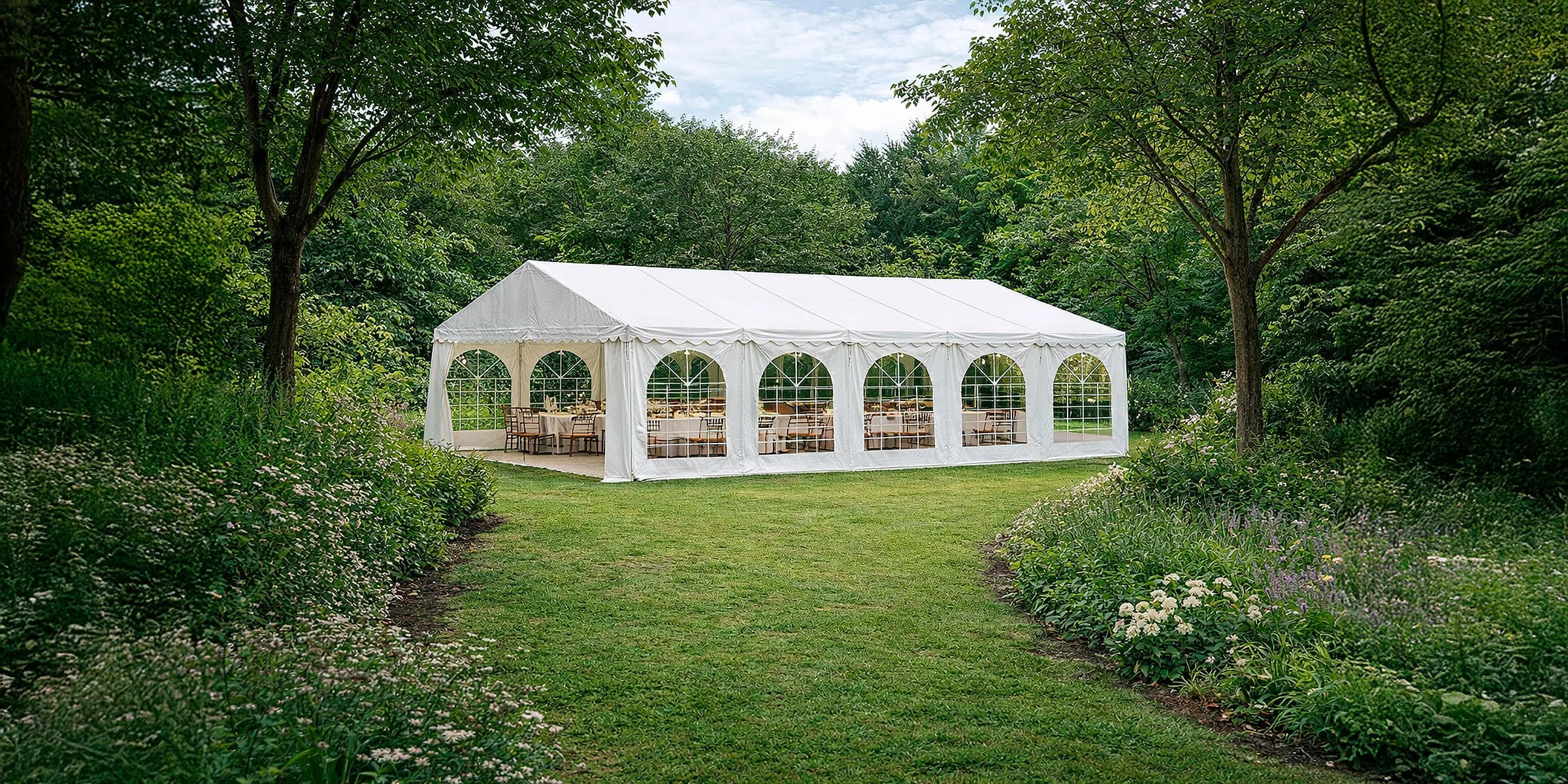 A white event tent set up in a lush green garden with trees and flowering plants surrounding it.