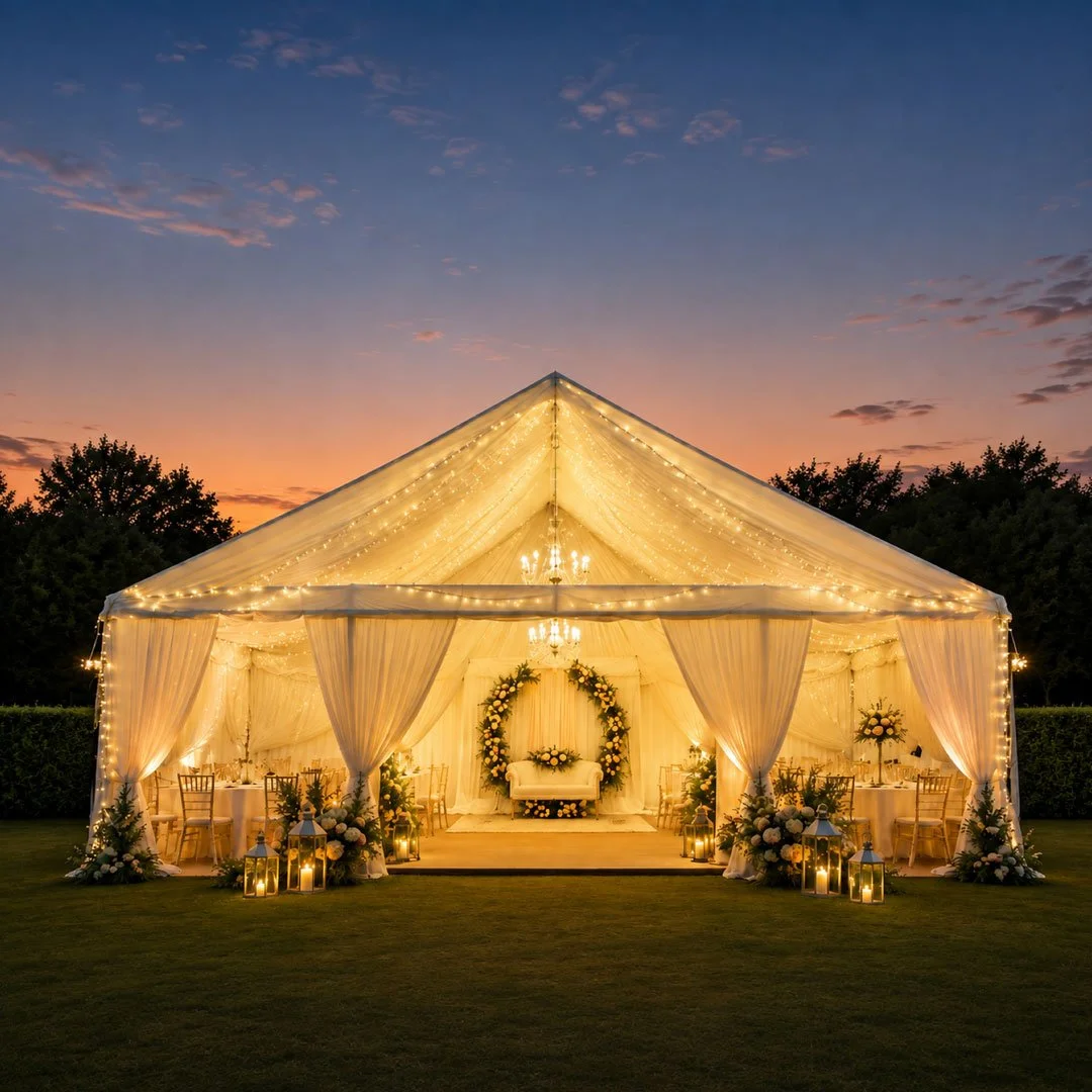 Decorated outdoor wedding tent with string lights, floral arrangements, and elegant drapery at sunset.