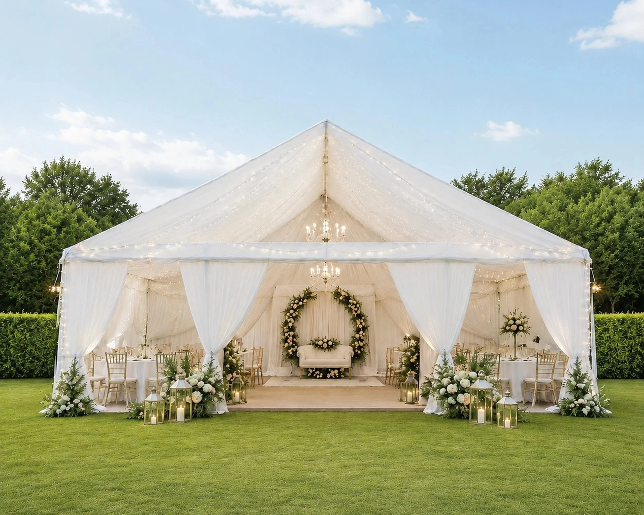 Elegant wedding reception tent with white drapery, floral arrangements, and candles, set on a grassy outdoor area with green trees and a partly cloudy sky.