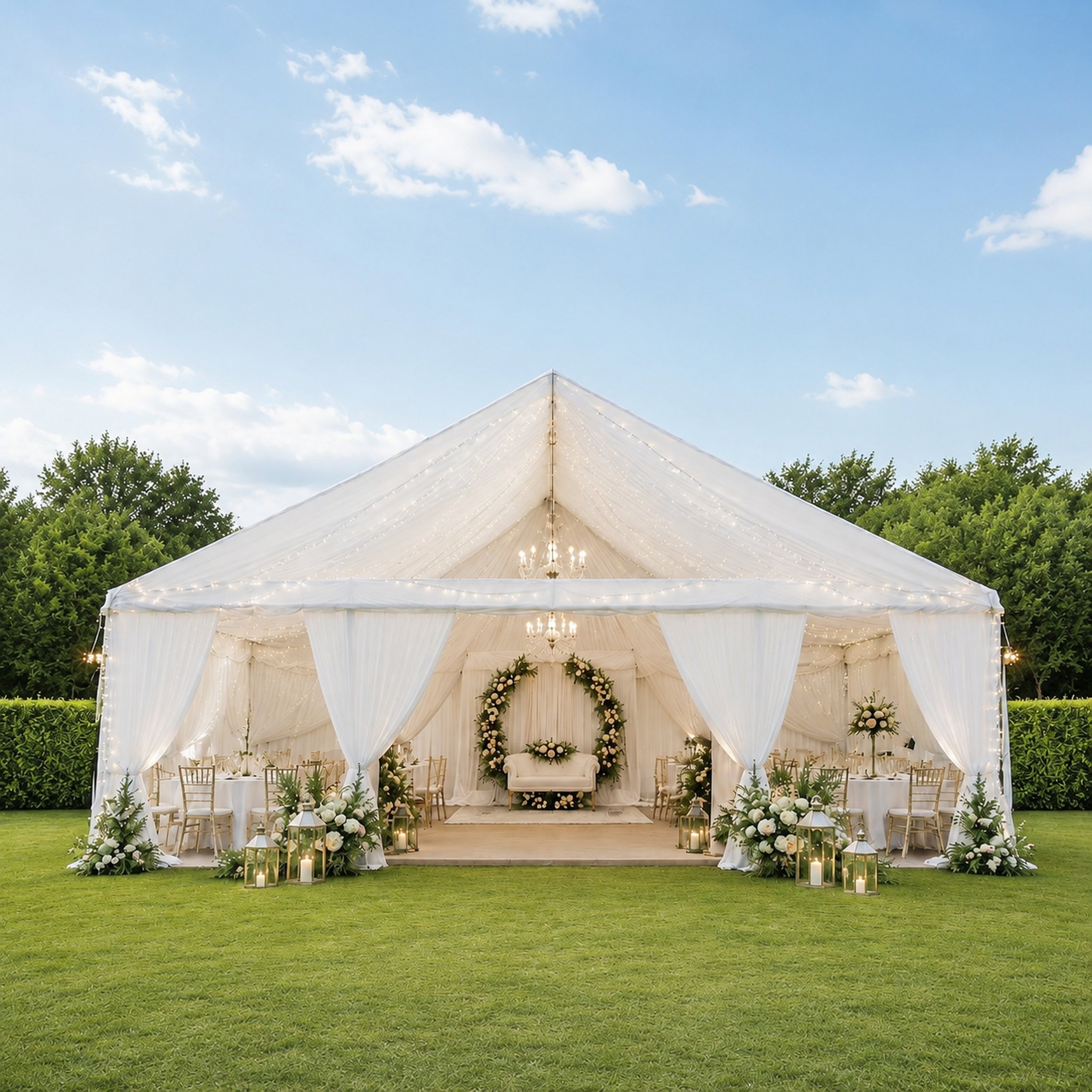 Elegant outdoor wedding ceremony setup in a lush green garden with a white canopy decorated with flowers and candles, under a partly cloudy sky.
