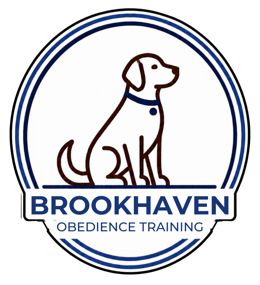 Logo for Brookhaven Obedience Training featuring a brown outline of a sitting dog with a blue collar, surrounded by concentric blue circles, with the text 'Brookhaven Obedience Training' below.