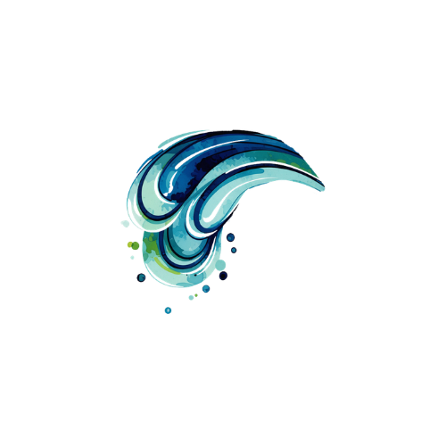 Stylized wave graphic in shades of blue and green with abstract design elements.