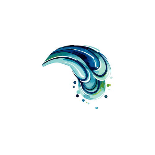 A stylized illustration of a blue wave with dark and light shades, accompanied by abstract lines extending to the right.
