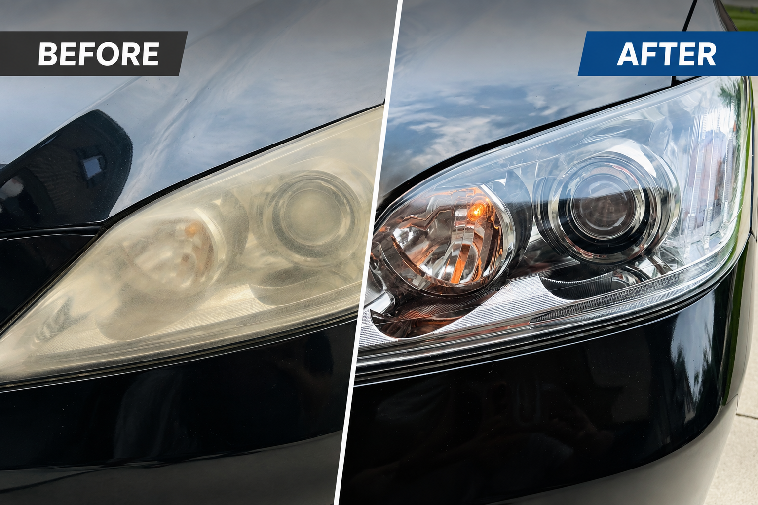 Side-by-side comparison of a car's headlight before and after cleaning, showing a cloudy, foggy headlight on the left and a clear, shiny headlight on the right.