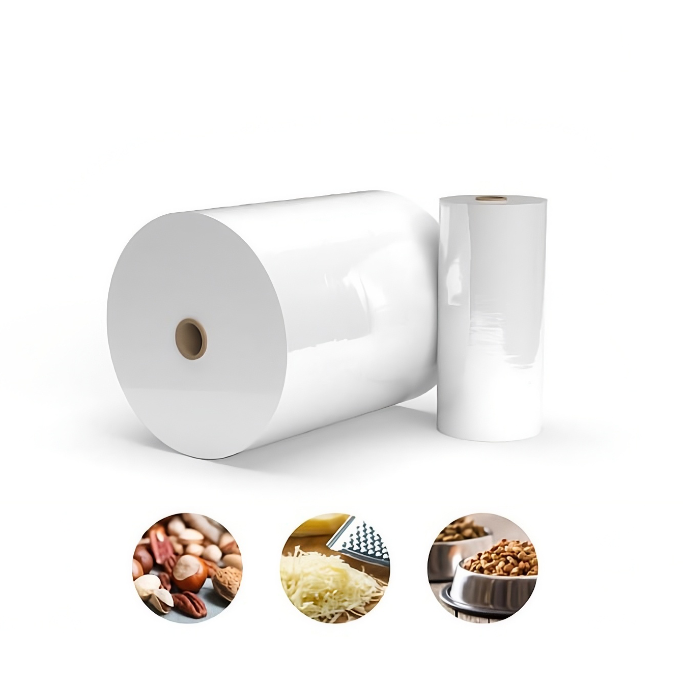 Two large rolls of clear plastic film and a smaller roll of opaque white plastic film on a white background.
