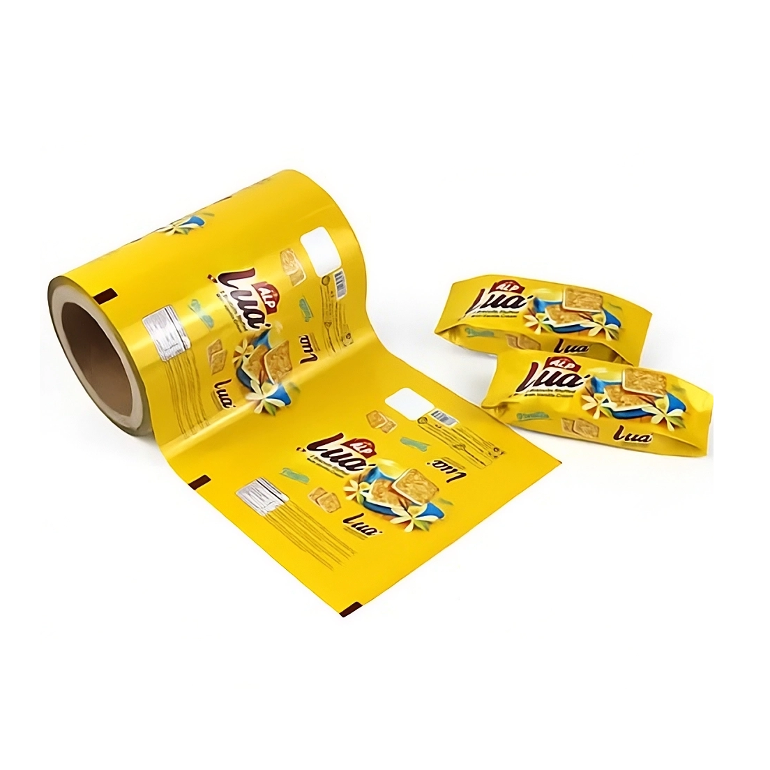 Yellow plastic packaging for LU bread with blue and white flowers and images of bread slices, some unrolled and some in packets.