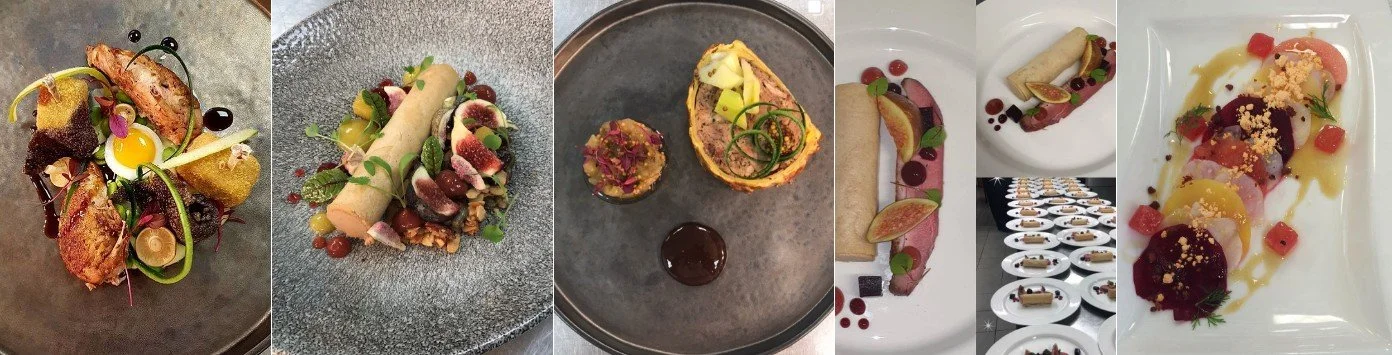 A collage of six images showing various plated gourmet dishes with detailed presentation, including seafood, meats, and desserts.