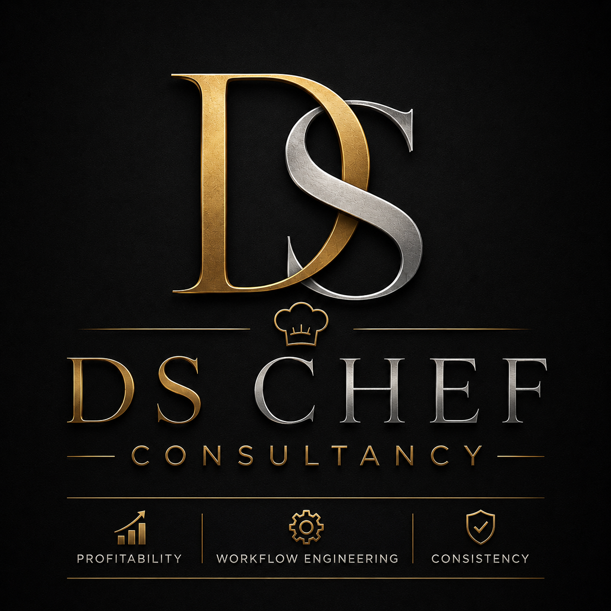 Logo for DS Chef Consultancy with gold and silver initials DS, a chef hat icon, and service keywords including profitability, workflow engineering, and consistency.