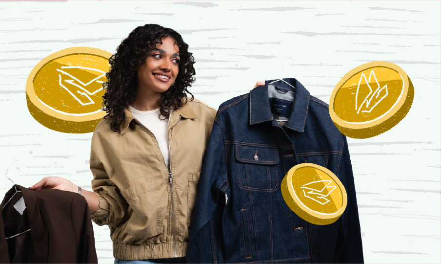 Young woman holding a dark jacket in one hand and a denim jacket in the other, smiling, with illustrated coins featuring a shoe and paper plane behind her.