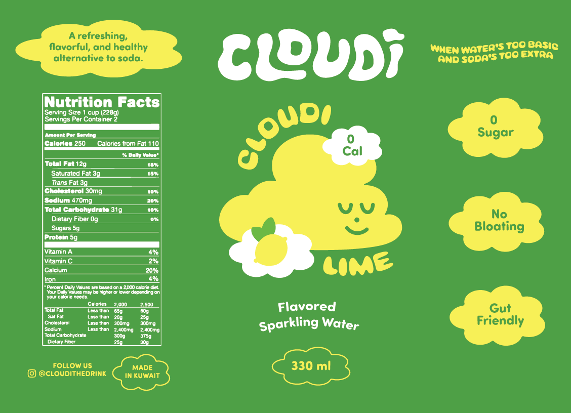 A green beverage label for Cloud Lime flavored sparkling water. The label features a smiling cloud with a lemon and the words 'Cloud Lime' and highlights its zero calories, no sugar, no bloating, and gut-friendly properties. It contains 330 ml, is made in Kuwait, and is an alternative to soda.