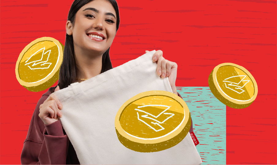Smiling woman holding a cloth bag with digital dollar coin illustrations floating around against a red background.