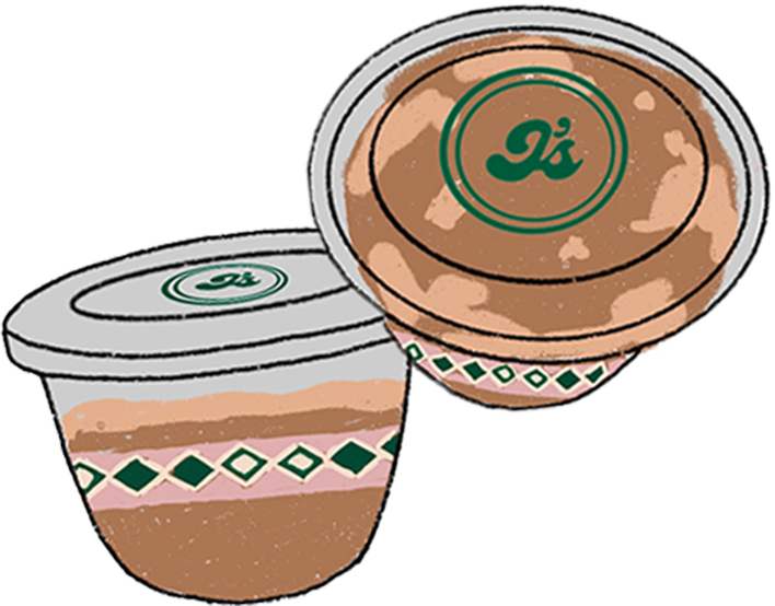 Graphic illustration of two small dessert cups with layered chocolate and cream, covered with lids, featuring a green logo and decorative pattern.