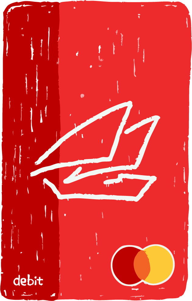 Red debit card with a white abstract design, Mastercard logo, and 'debit' written in the bottom left corner.