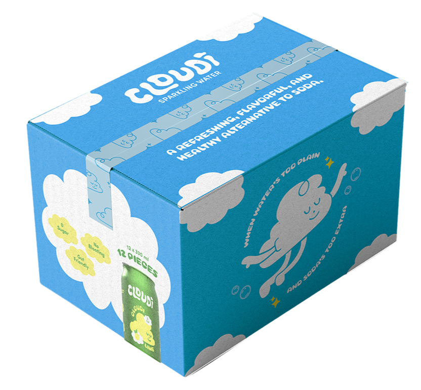 A blue box of Ciuci sparkling water with illustrations of clouds and a smiling cloud character, indicating it contains 12 pieces of flavored water with a lemon line flavor.