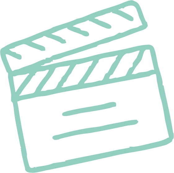 A light blue outline illustration of a movie clapperboard with a black background.
