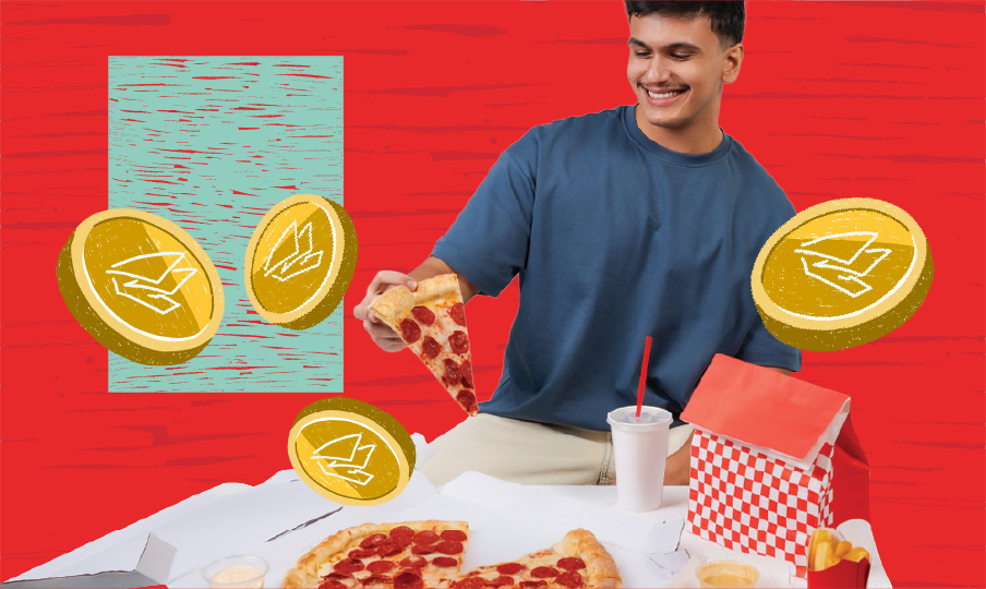 Young man with a blue shirt eating a slice of pepperoni pizza at a table with pizza boxes, soda, and dipping sauces; animated gold coins with a paper plane logo are flying around.