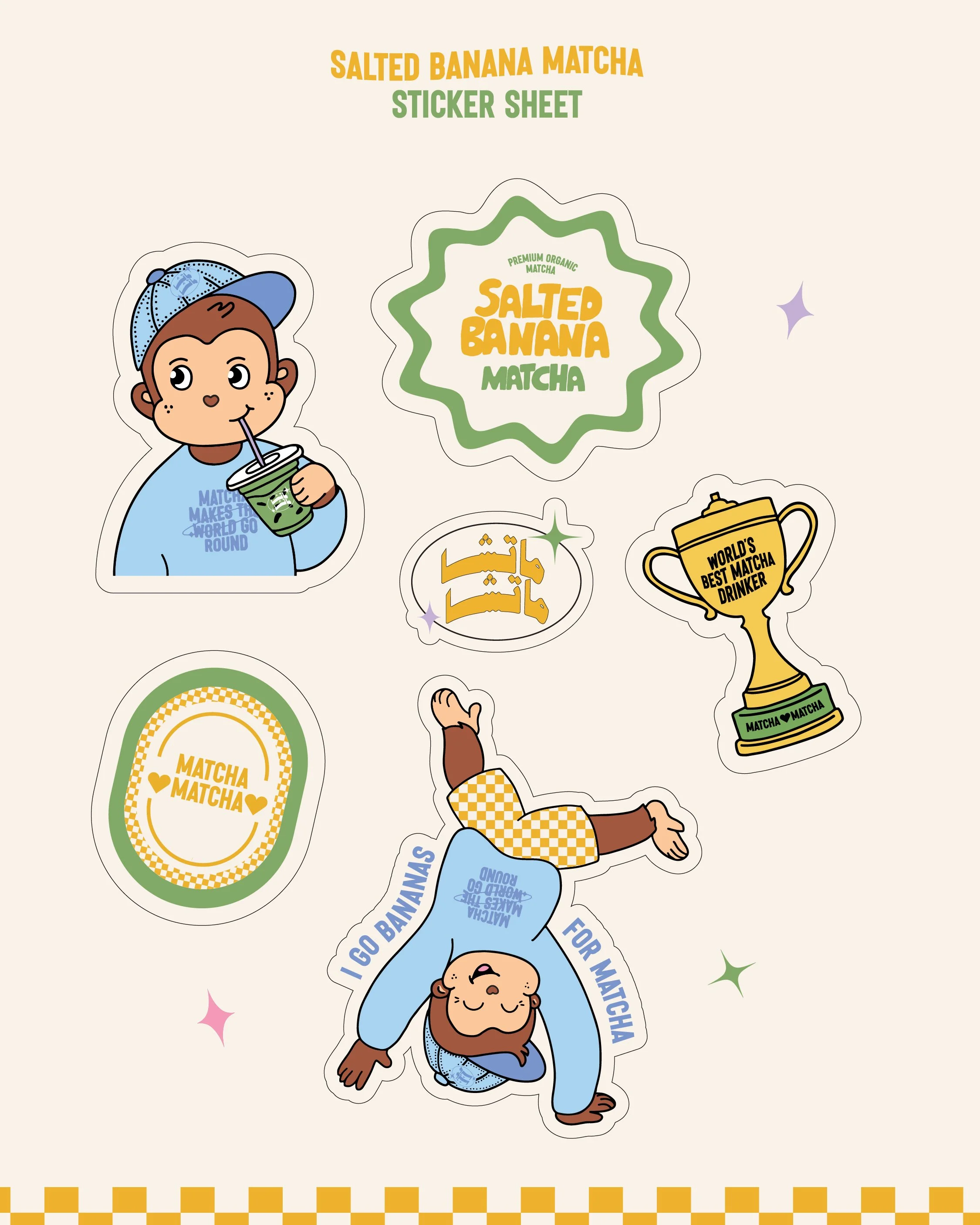Collection of colorful stickers featuring a cartoon monkey drinking matcha, a trophy with the text "World's Best Matcha Drinker, matcha with the words "Matcha Matcha," and various phrases about matcha and bananas, with star-shaped accents.