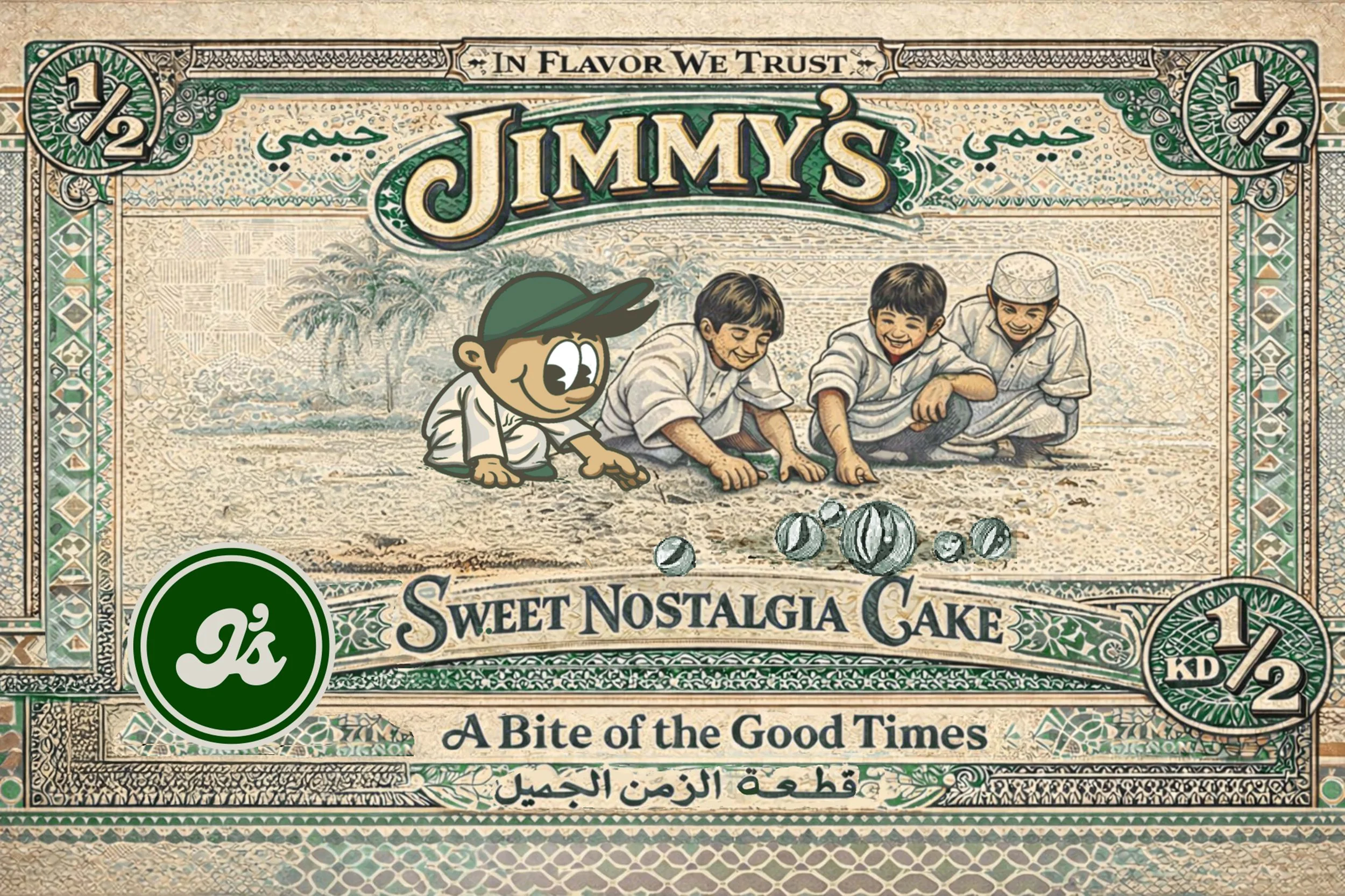 Vintage-style bakery bill for Jimmy's Sweet Nostalgia Cake featuring children playing with marbles and the slogan 'A Bite of the Good Times'