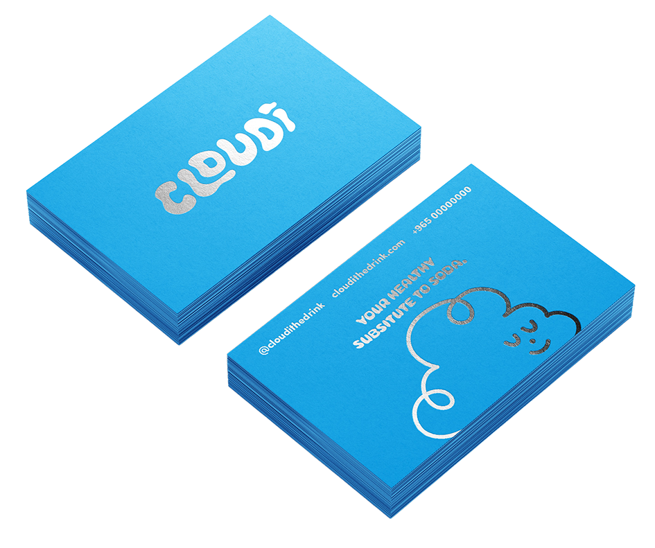 Stack of blue business cards with white cloud logo and contact information for a drink subscription service.