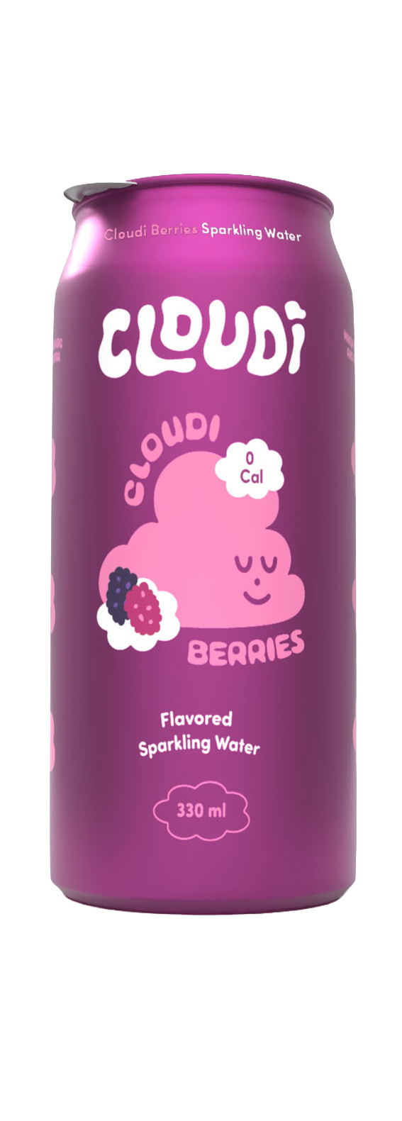 A 330 ml can of Cloudi flavored sparkling water with a pink cloud illustration and blackberries, showcasing a purple color scheme and cheerful design.