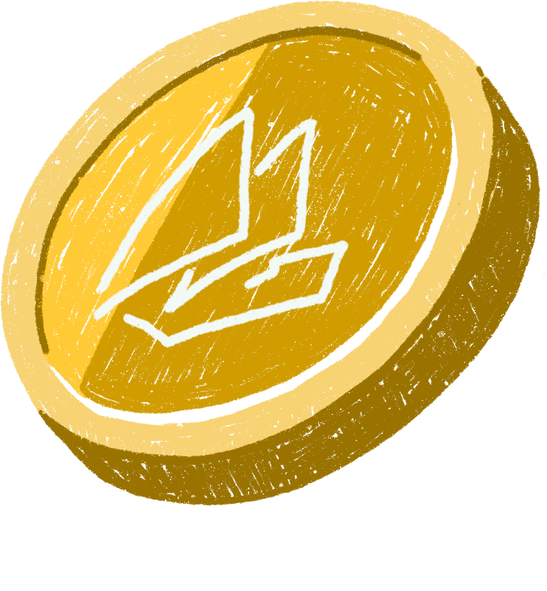 Illustration of a gold coin with a white sailboat symbol inside.