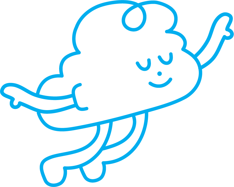 Line art illustration of a happy, smiling cloud with arms and legs, appearing to fly or jump.