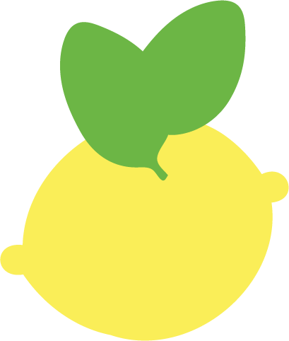 A simple illustration of a yellow lemon with two green leaves on top.