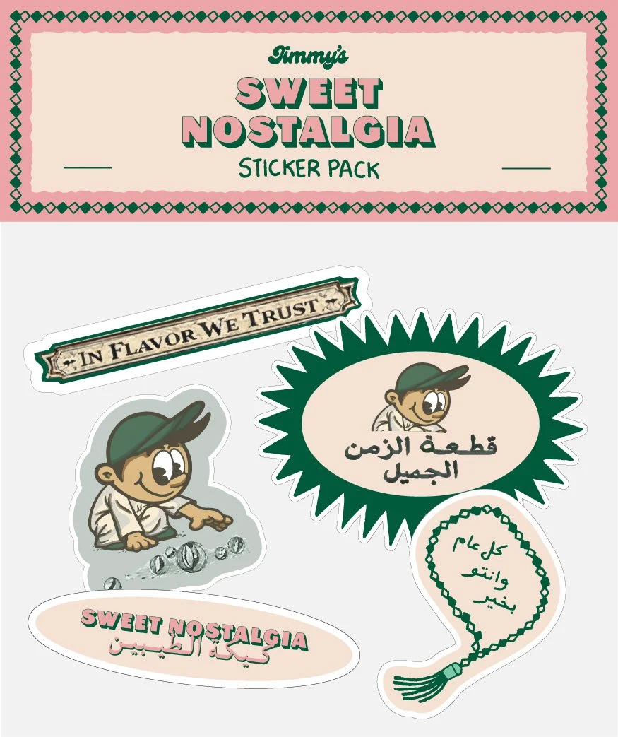 Sticker pack with vintage-inspired design, includes cartoon boy with cap and coins, Arabic text, and phrases like "In Flavor We Trust" and "Sweet Nostalgia."