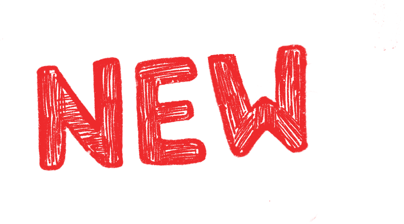 The word 'NEW' written in red, hand-drawn style on a black background.