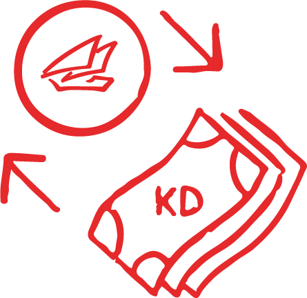 A red line drawing of a paper plane, a stack of dollar bills marked with 'KD,' and three arrows pointing towards the bills.