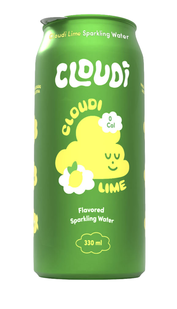 A green can of Cloudi flavored sparkling water with a lime flavor. The can features a cute, smiling yellow cloud with a white flower, a lime, and a small cloud-shaped label indicating zero calories. The text includes "Cloudi Lime," "Sparkling Water," and the volume of 330 ml.