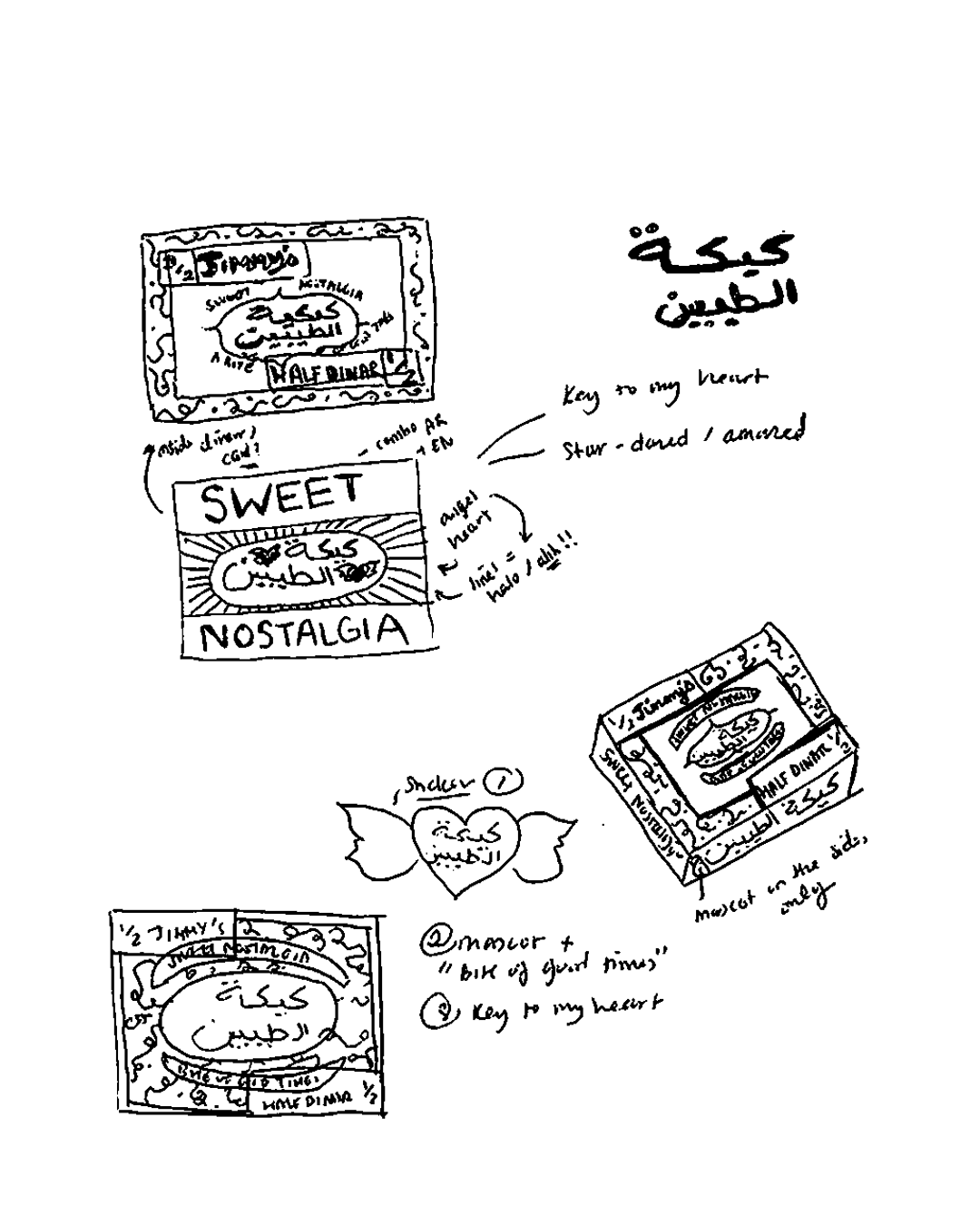 A sketch of a candy packaging design featuring Arabic and English text. The design includes a key, a treat with a heart-shaped wrapper, and handwritten notes about the design elements like 'sweet nostalgia', 'key to my heart', and 'strawberry'.