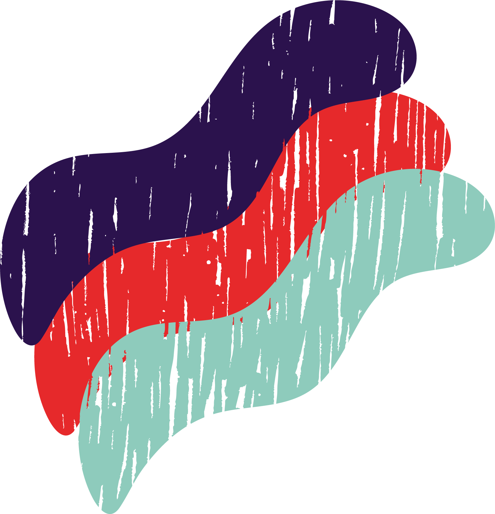 Three colorful, abstract feathers with a distressed wood texture effect, layered in purple, red, and light blue on a transparent background.