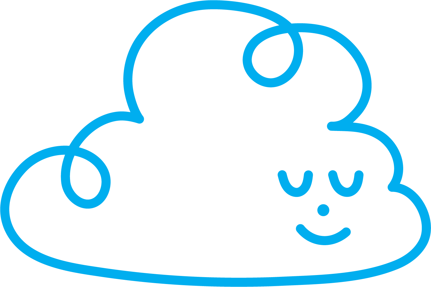 Cute cartoon cloud with a smiling face and closed eyes, outlined in blue.