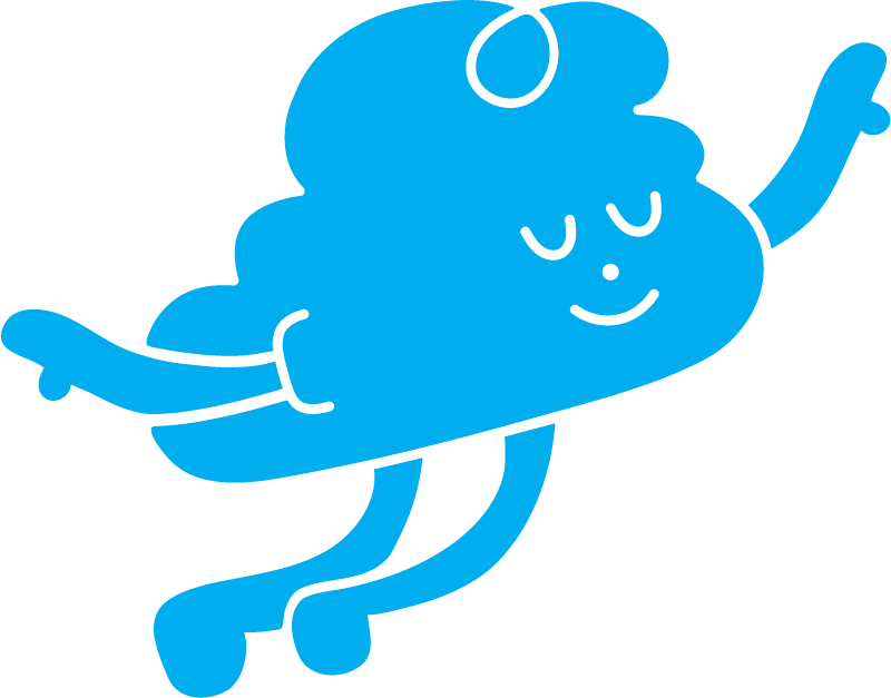 Cartoon blue cloud with a smiling face, arms raised, and legs, appearing to be flying or floating.