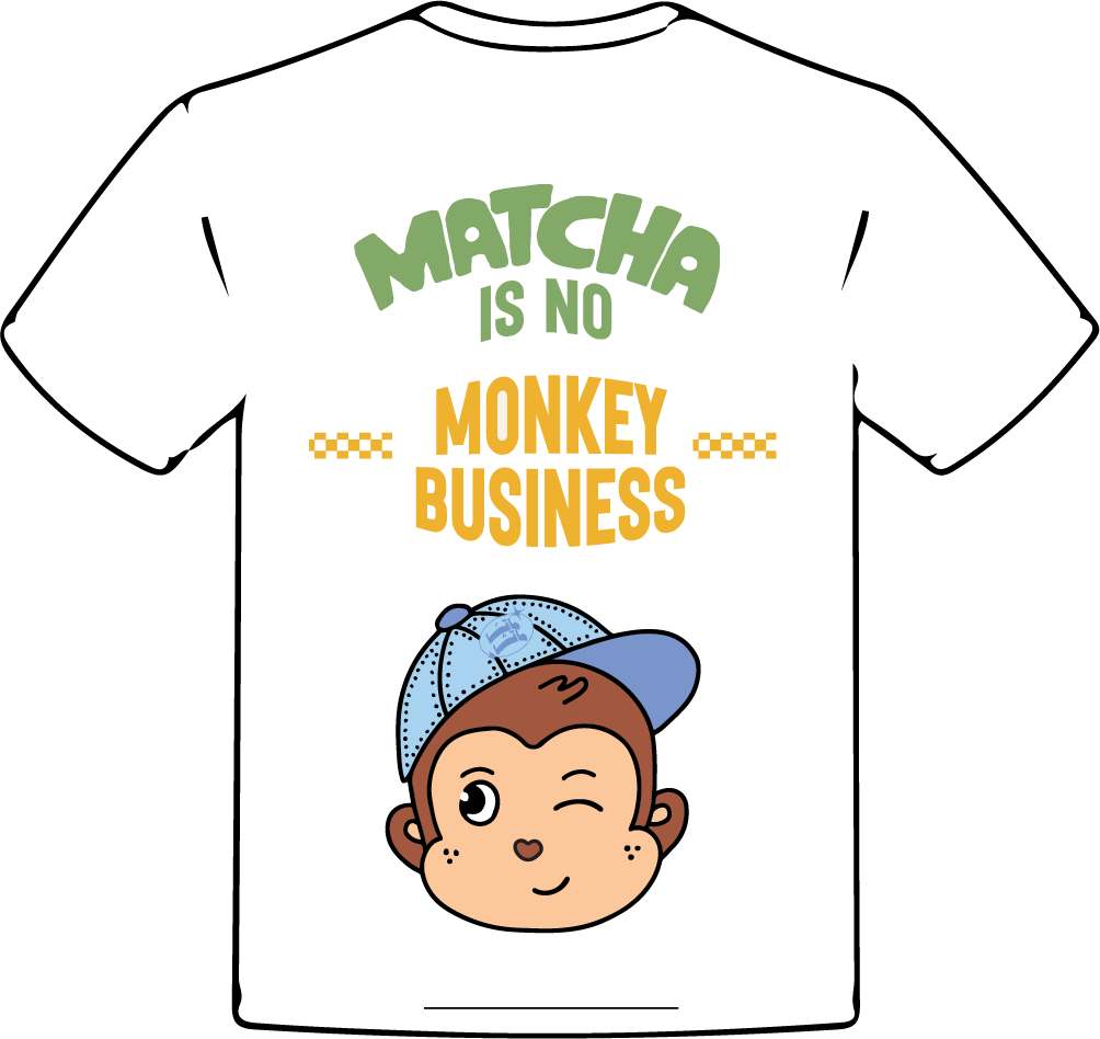 White T-shirt with cartoon monkey wearing a blue cap and the text 'MATCHA IS NO MONKEY BUSINESS' in green, yellow and orange fonts.