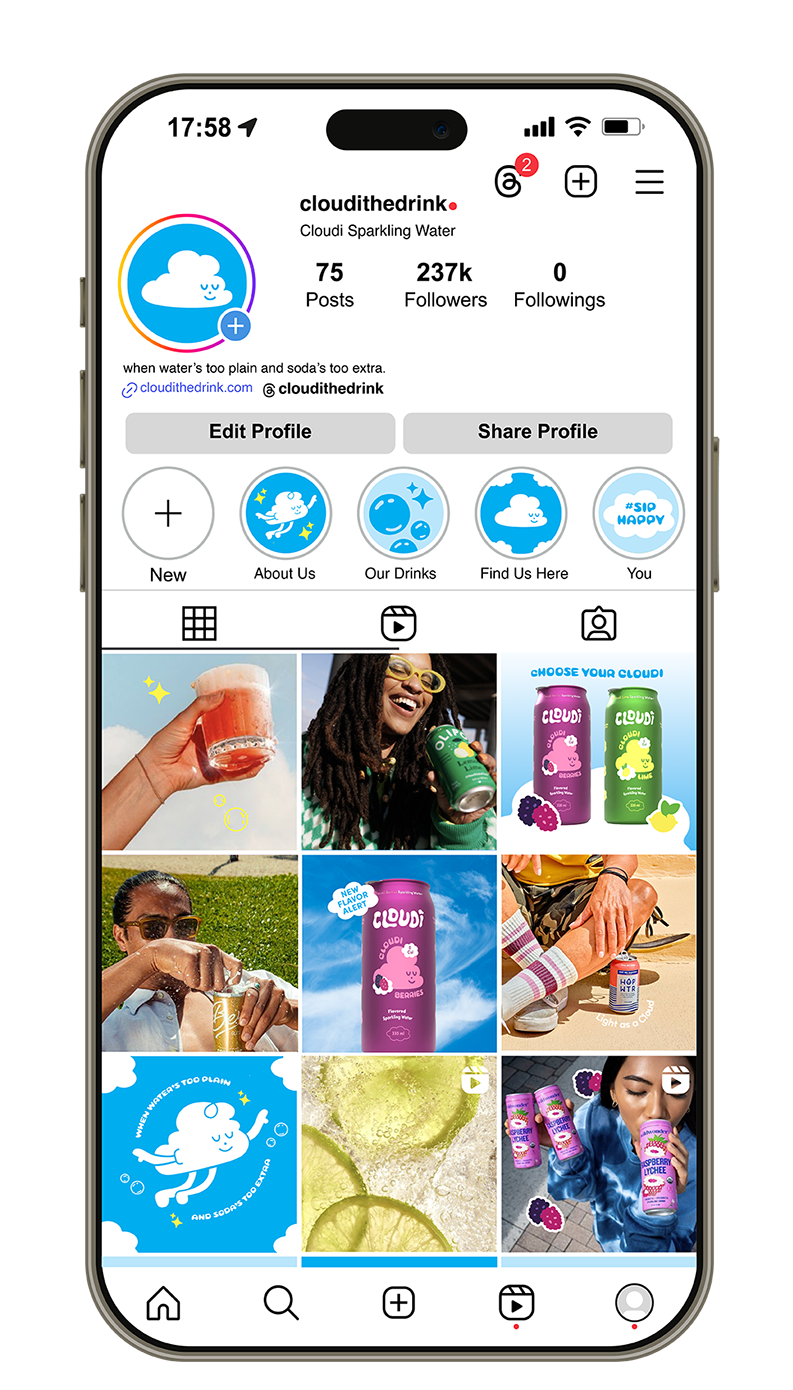 Instagram profile page for 'cloudthedrink' featuring images of sparkling water drinks, including cans and bottles, with a playful cloud mascot branding and colorful, vibrant photos of people enjoying the drinks.