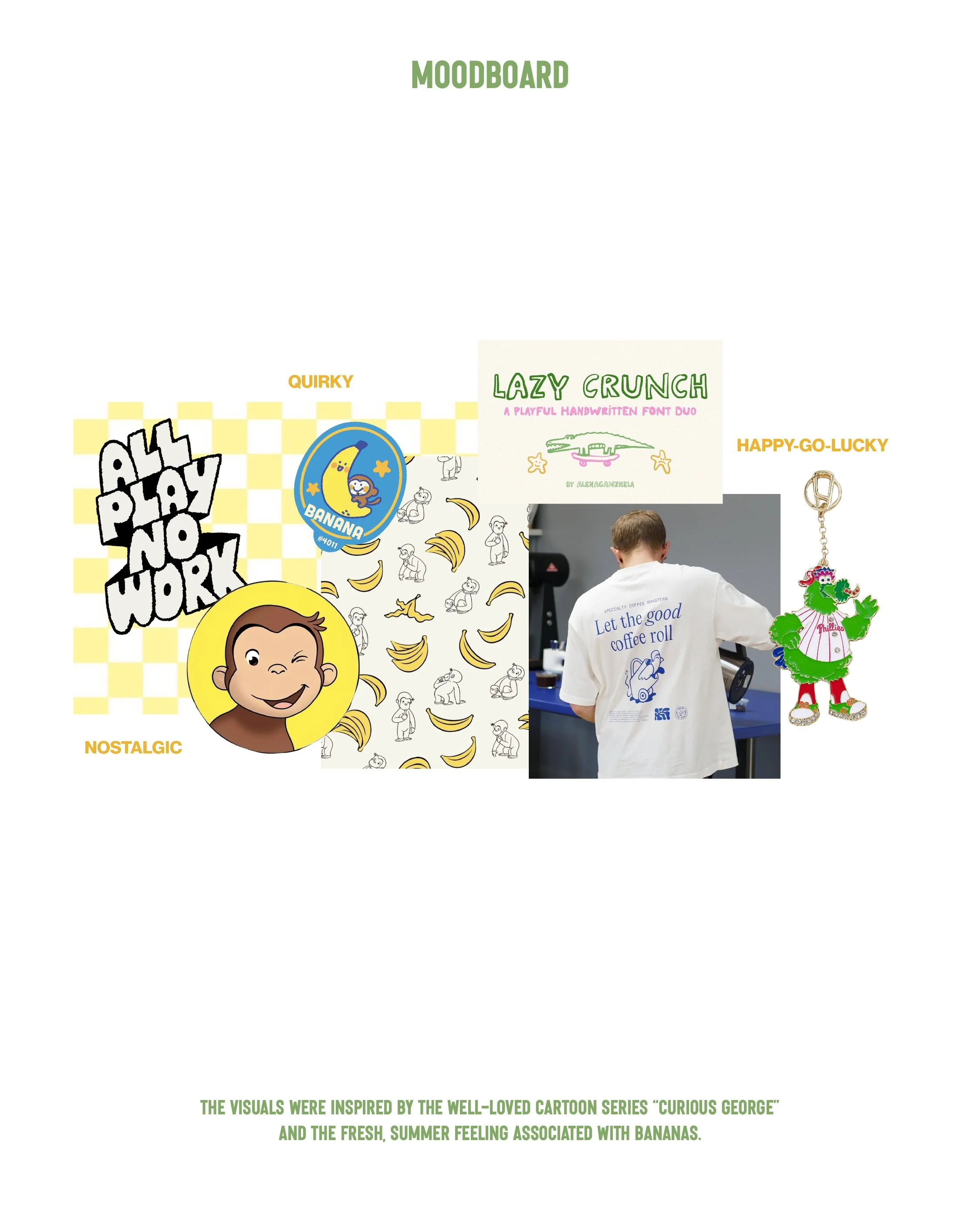 A thin collage featuring a cartoon monkey with a big yellow smiley face and the text "Ahh Pity No Worry" on a yellow checkered background, a logo of a banana with a smiling face, the words "Quirky" in orange, a playful handwritten font titled "Lazy Crunch" in green, a photograph of a person wearing a white shirt with the phrase "Let the good coffee roll" printed on it, and a Christmas ornament of a green dragon with pink and white accents and the word "Phillies" on its side, with descriptive text about visual inspiration from a cartoon series, bananas, and summer feelings.