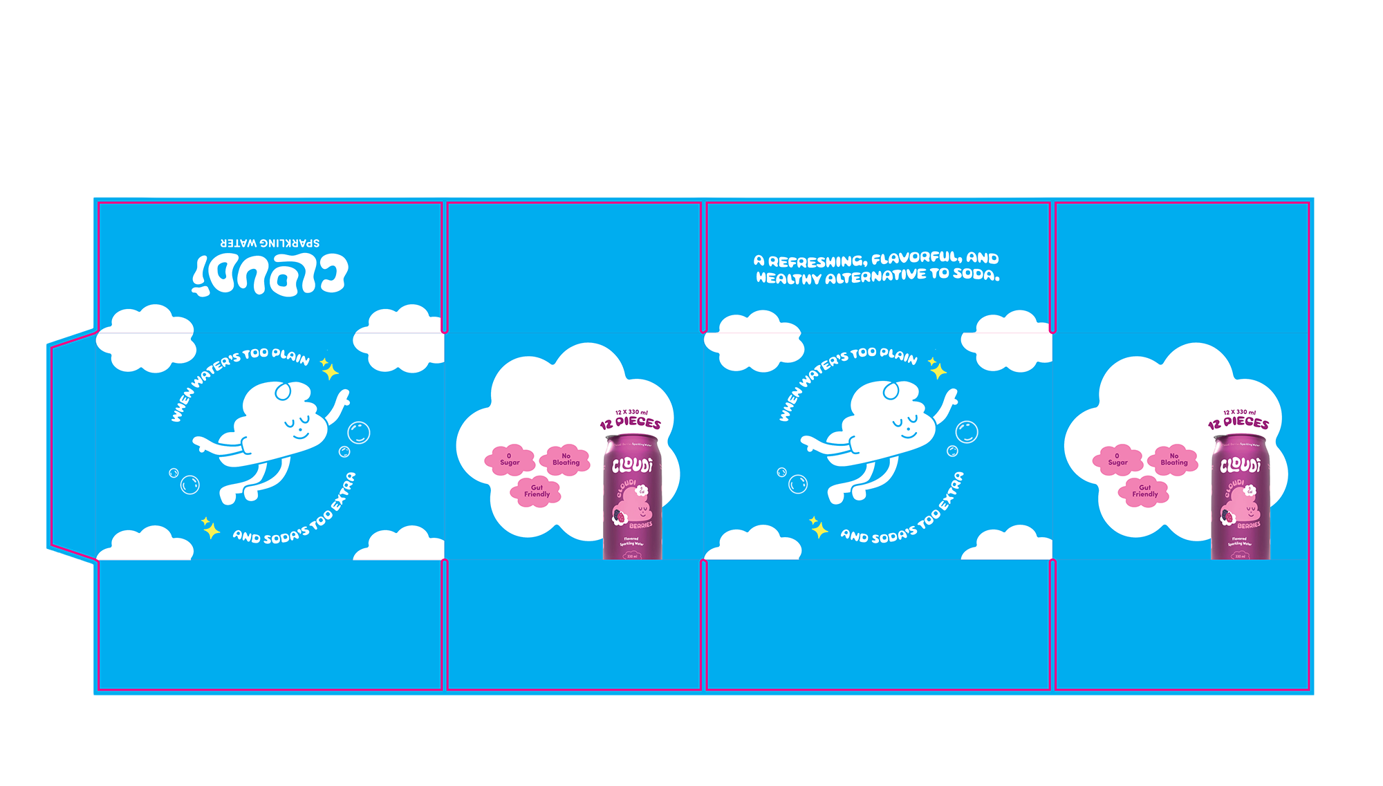 Colorful packaging design for a flavored sparkling water product called Cloudi. The design features a blue background with white clouds, a smiling cartoon character, and pink accents. The text highlights that the beverage is sugar-free, gut-friendly, and has no bloating, with an image of a purple can.